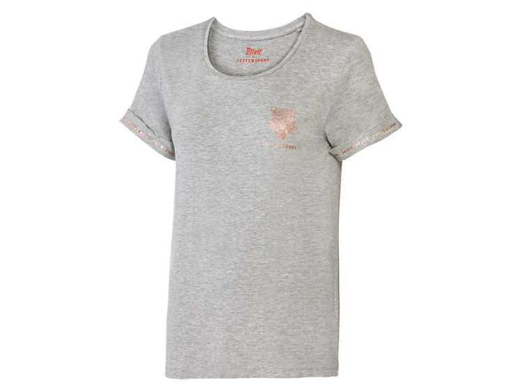 خرید تیشرت زنانه طوسی کریویت – نمای جلو با نوشته طلایی روی آستین