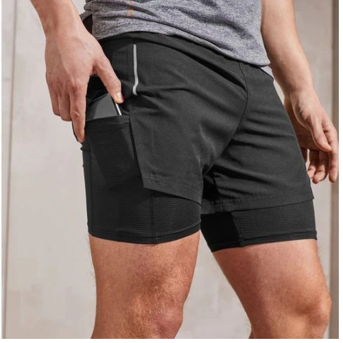 خرید شلوارک ورزشی مردانه کریویت (Crivit) آلمان – مشکی کشالهدار با آستر داخلی و زیپ YKK نمای کامل