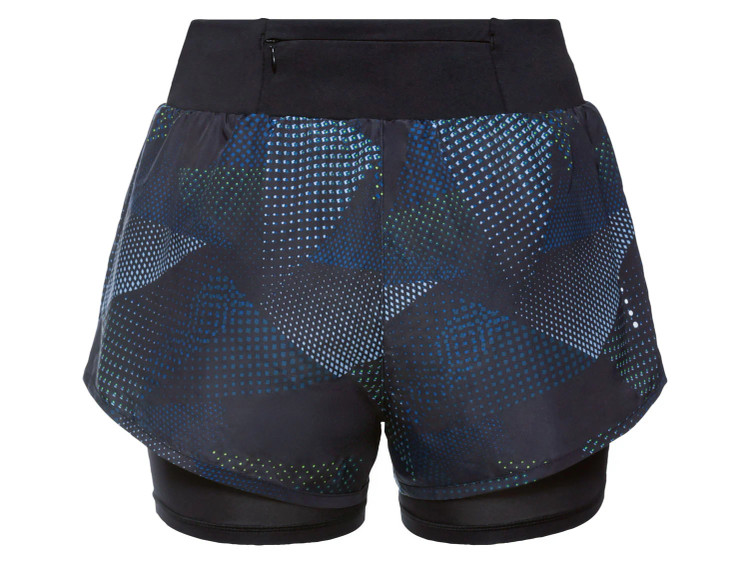 خرید شلوارک ورزشی زنانه دولایه Crivit آلمان مشکی با ترکیب رنگ سبز و آبی و آستر کشالهدار نمای پشت | صبامی