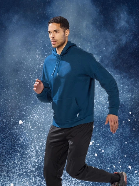 خرید هودی مردانه آبی نفتی برند کریویت مدل زمستانی با کلاه و جیب کانگورویی نمای تنخور | صبامی