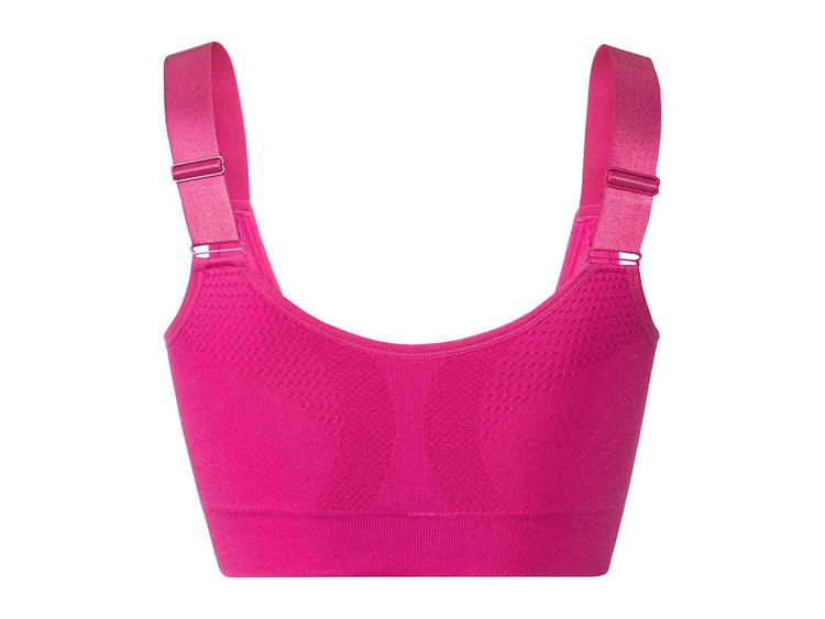 خرید نیمتنه ورزشی زنانه Crivit صورتی با پد اسفنجی متحرک، بندهای شانه قابل تنظیم و کش پهن زیر سینه نمای پشت | صبامی